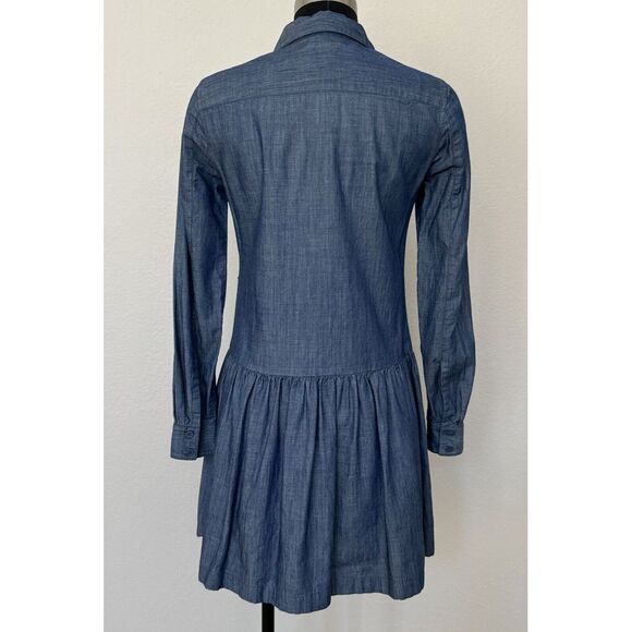 BCBG MaxAzria Shirt Dress XXS Mariela Blue Chambray Button Front Drop Waist Boho - Picture 2 of 4